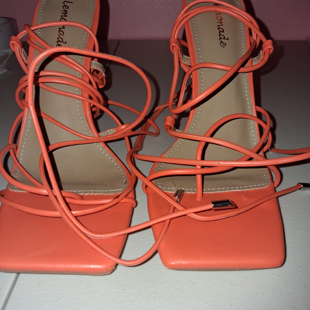 Lemon Coral Strappy Square-Toe Lace-Up Heels